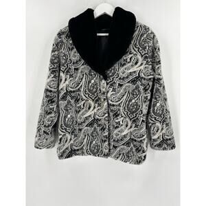 Vintage Duffel Outdoor Jacket Womens Medium Black White Paisley Faux Fur Fleece